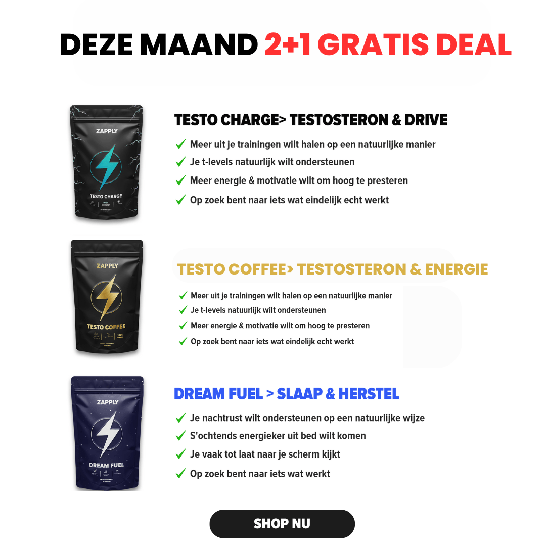 Zapply's ULTIEME MANNEN BUNDEL- Testo Charge+ Testo Coffee + Dream Fuel + GRATIS RVS FLES