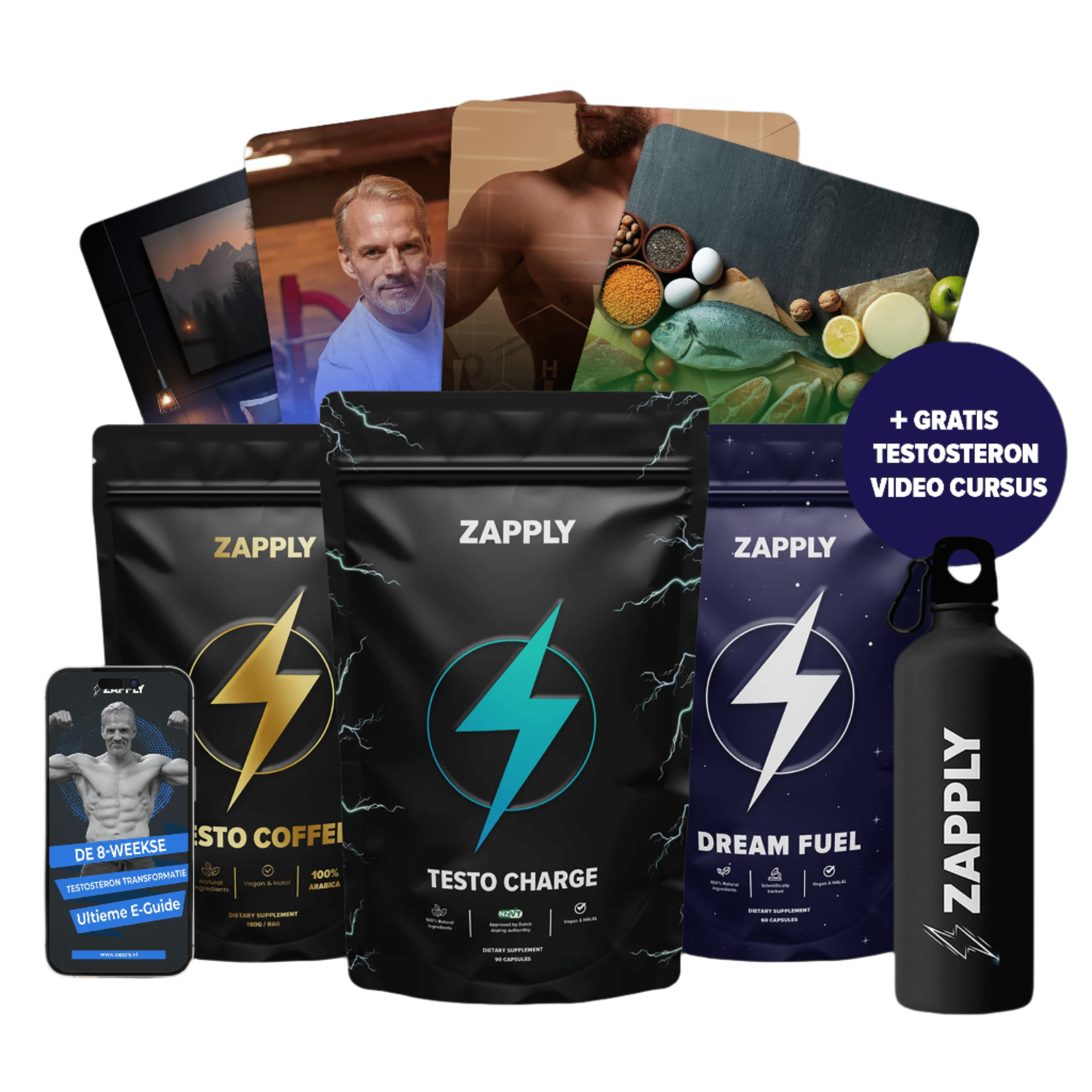 Zapply's ULTIEME MANNEN BUNDEL- Testo Charge+ Testo Coffee + Dream Fuel + GRATIS RVS FLES